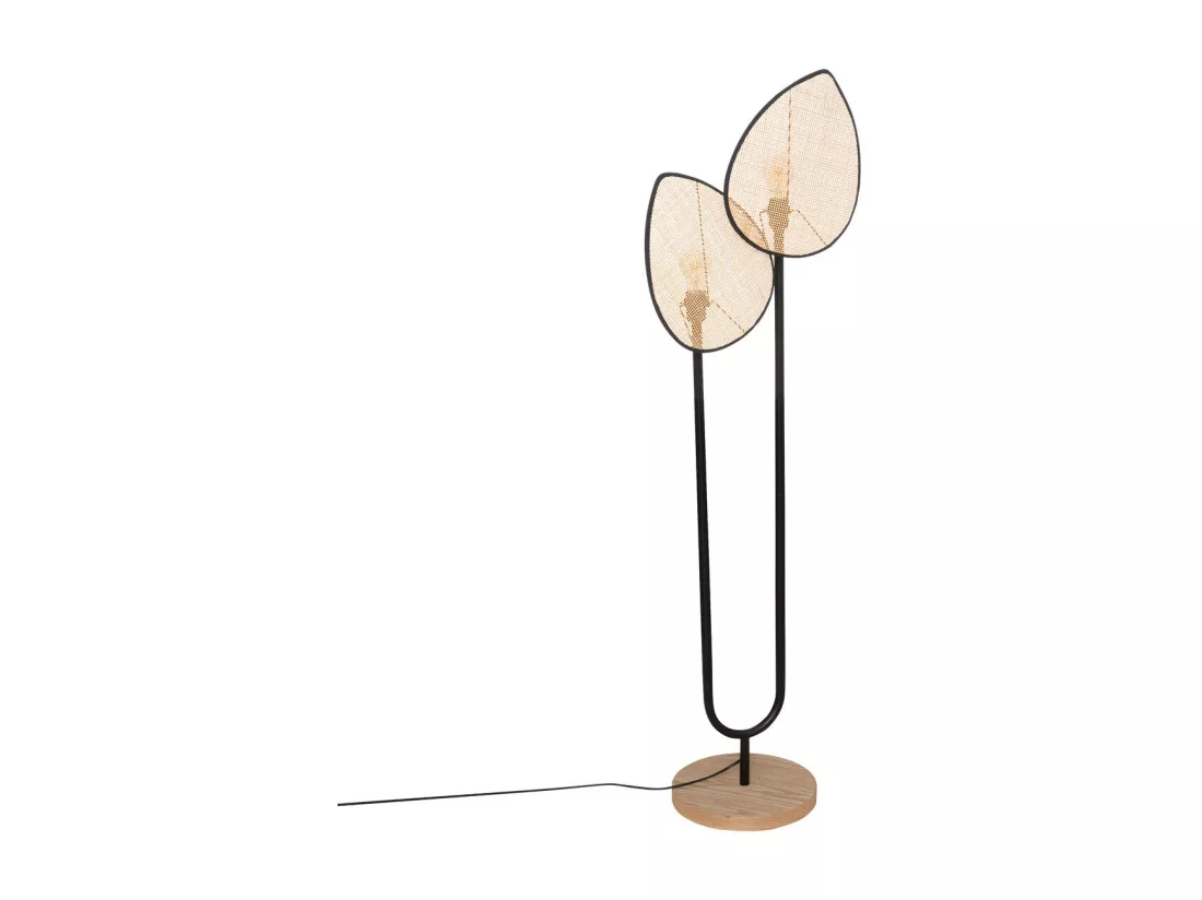 Lampadaire 2 abat-jours en Cannage de Rotin et métal Noir H 143 cm