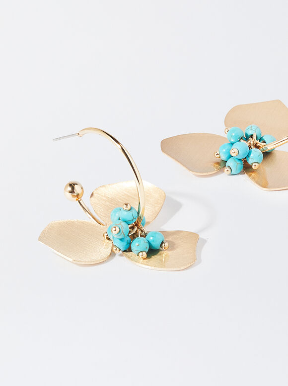 Brincos de argola com pedra e flor - Azul