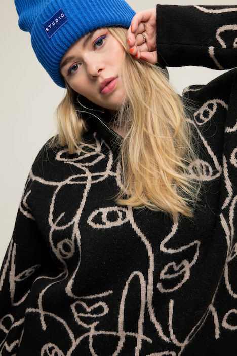 Troyer, oversized, Face-Silhouetten, Stehkragen mit Zipper