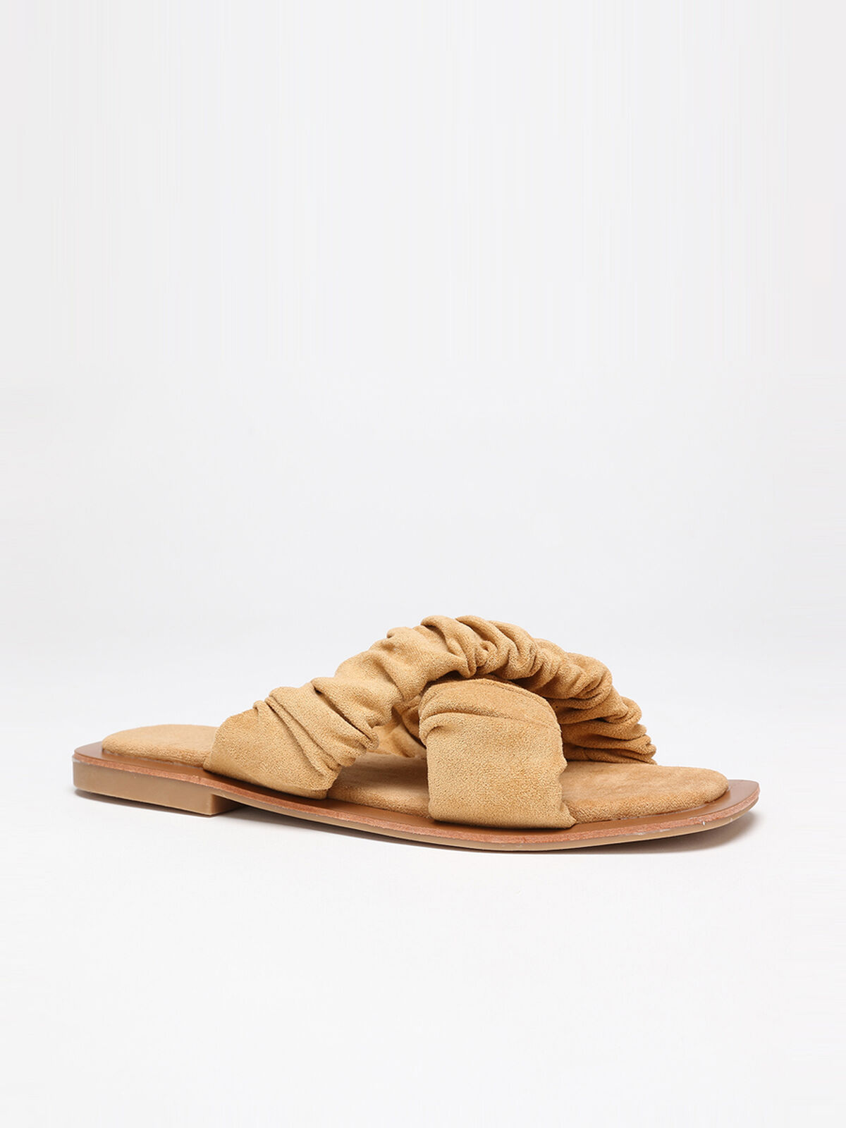 Mules à brides smockée en suédine- Camel