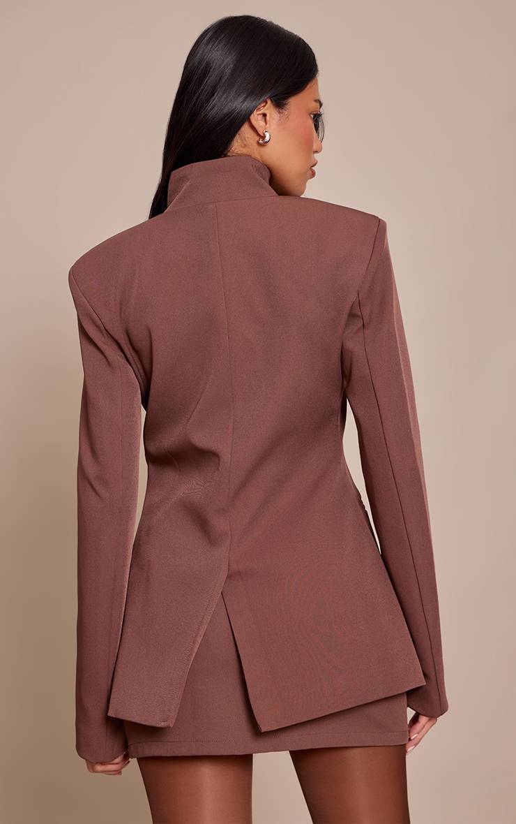 Chocolat Ensemble Blazer Ajusté Tissé À Col Montant