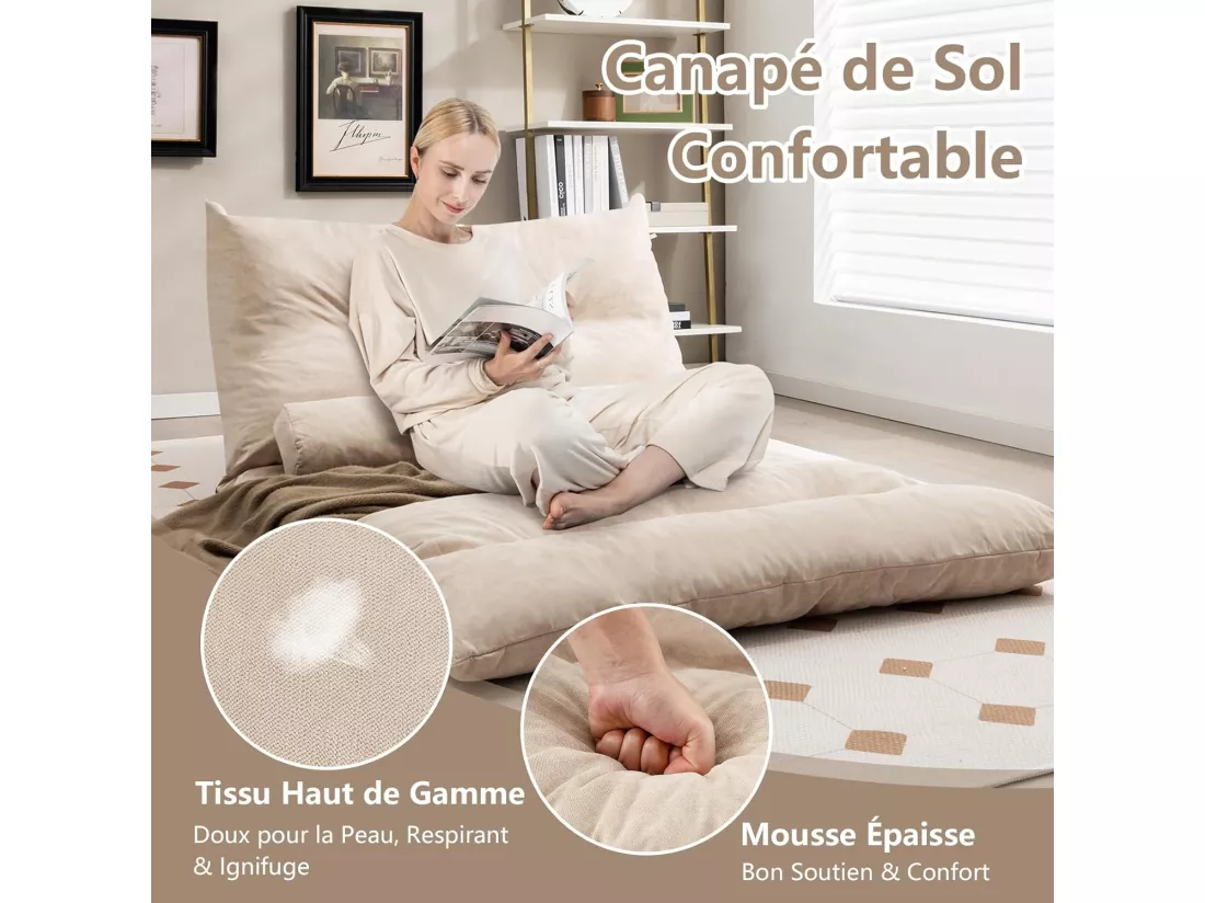 Canapé-lit Paresseux Pliable, Canapé Convertible avec Dossier Réglable à 42 Positions, Chauffeuse avec 2 Oreillers, pour Salon, Chambre, Balcon (Beige)