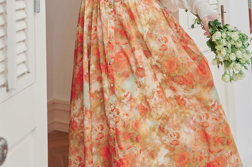 Nebbia - Mouwloze maxi-A-lijnjurk met bloemenprint / licht vest / set
