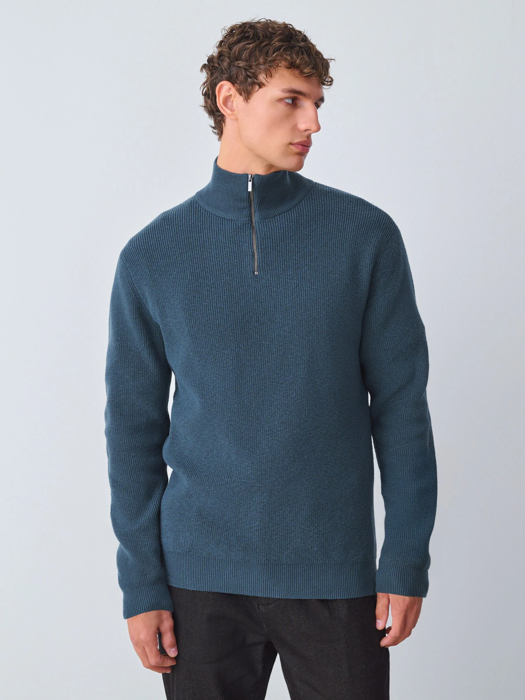 Blauwgroen - Essential geribbelde trui met korte rits en Regular fit