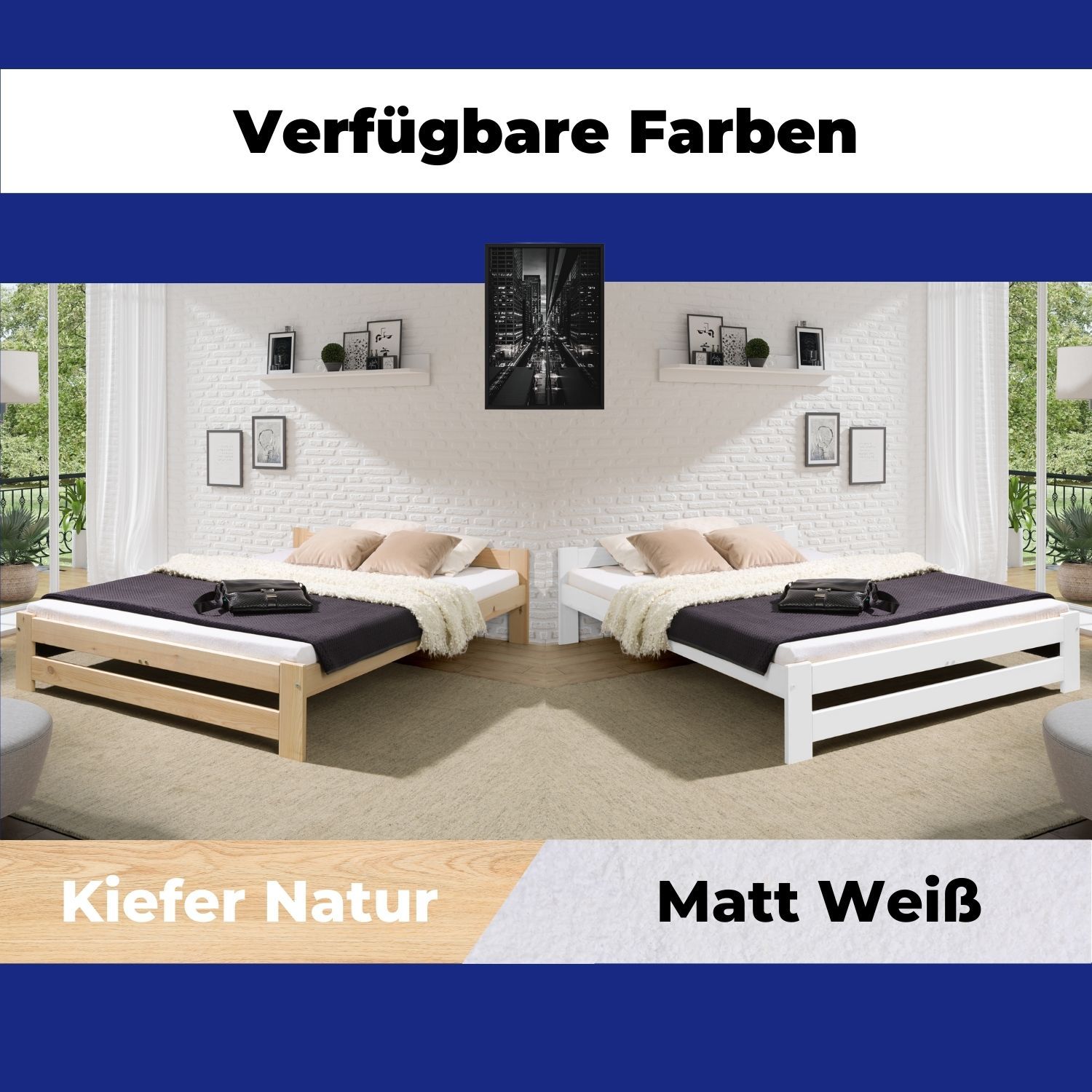 Coemo Bett Classico Holzbett Bettgestell mit Lattenrost Massivholz Kiefer 180x200 cm natur