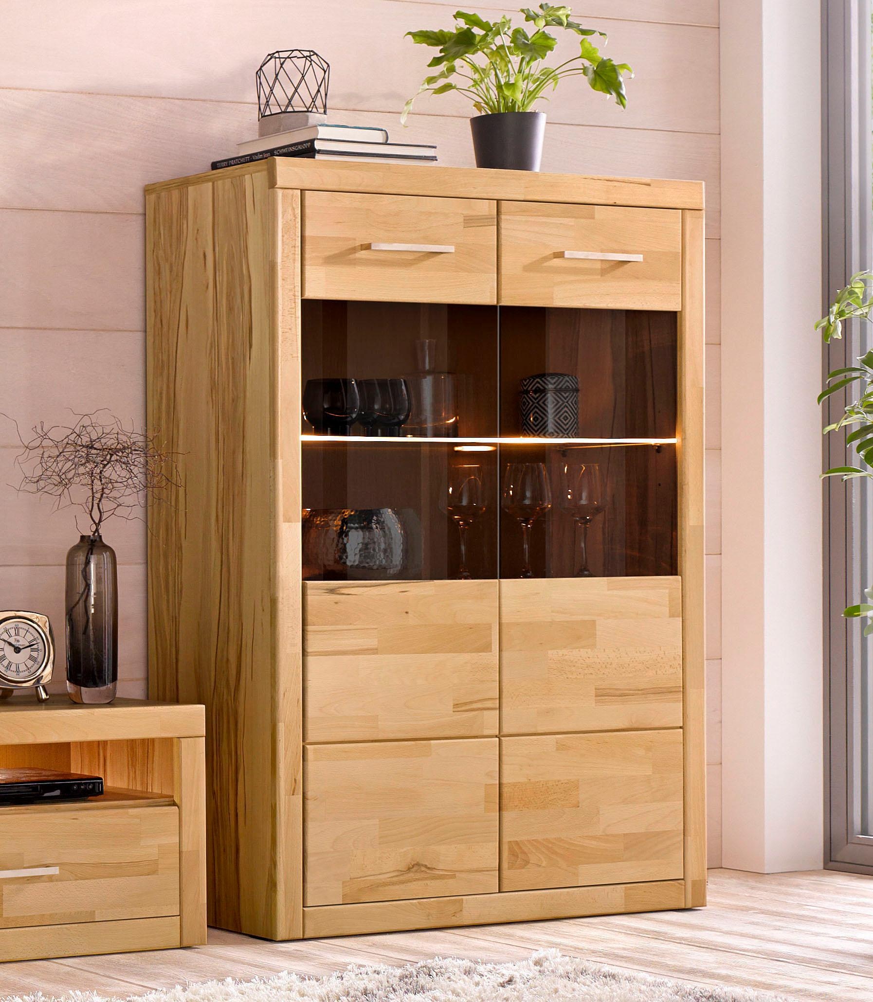 Home affaire Vitrine »Ribe, 125 cm hoch, Fronten Massivholz, 4 breite Fächer« Korpus Holzwerkstoff, 2Türen mit Glaseinsatz, einlegeboden verstellbar