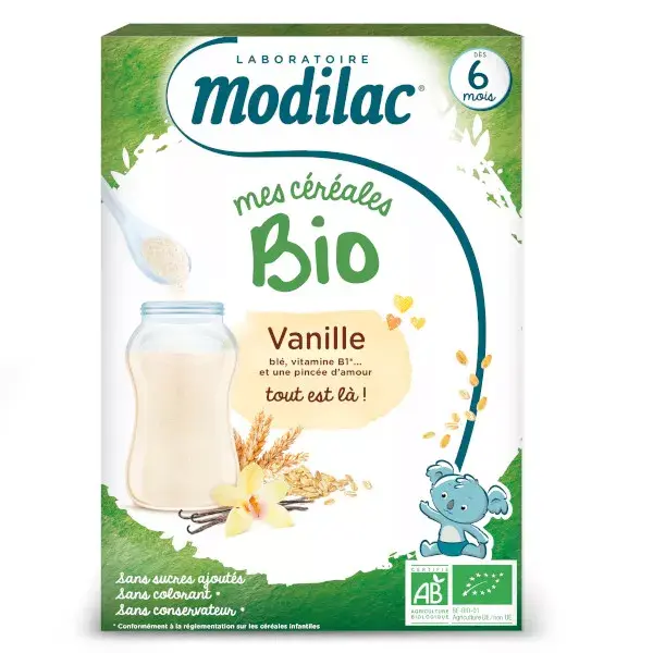 Cereais orgânicos de baunilha Modalac para bebês a partir de 6 meses, 250g