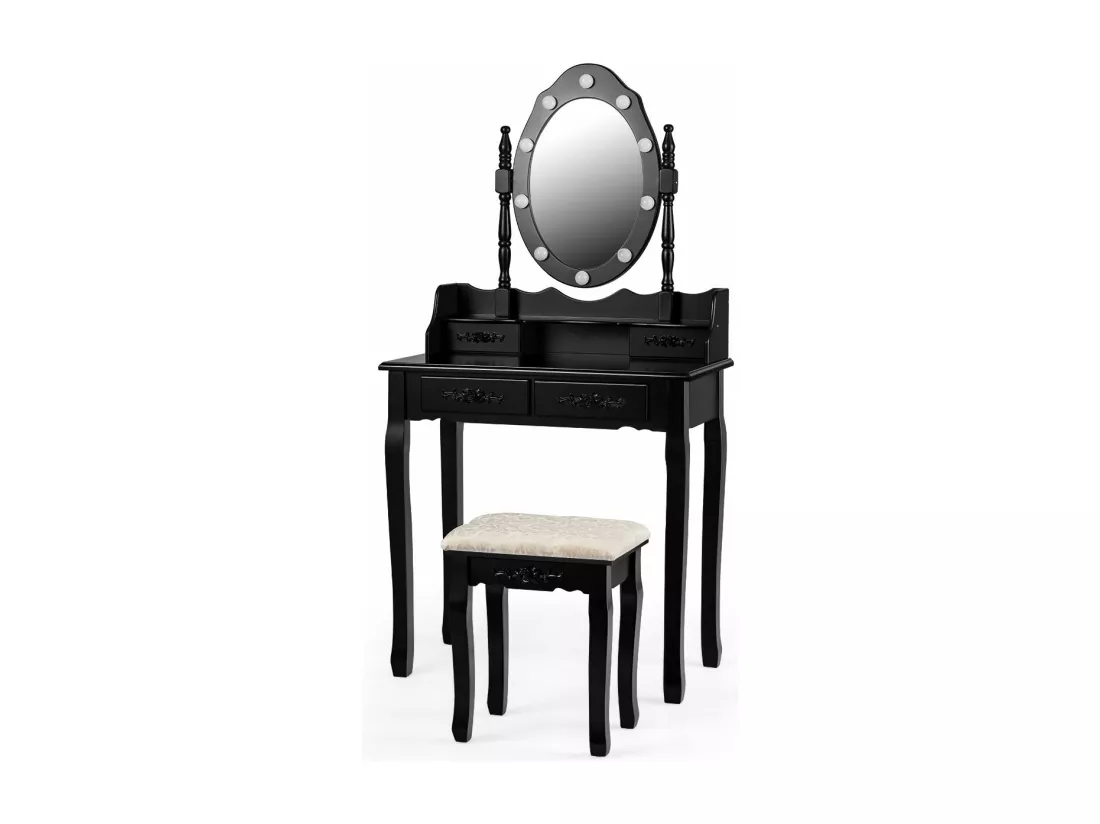 Coiffeuse avec 10 Ampoules, Table de Maquillage avec Tabouret, Miroir Ovale, Interrupteur et 4 Tiroirs, 75x40x145cm Noir