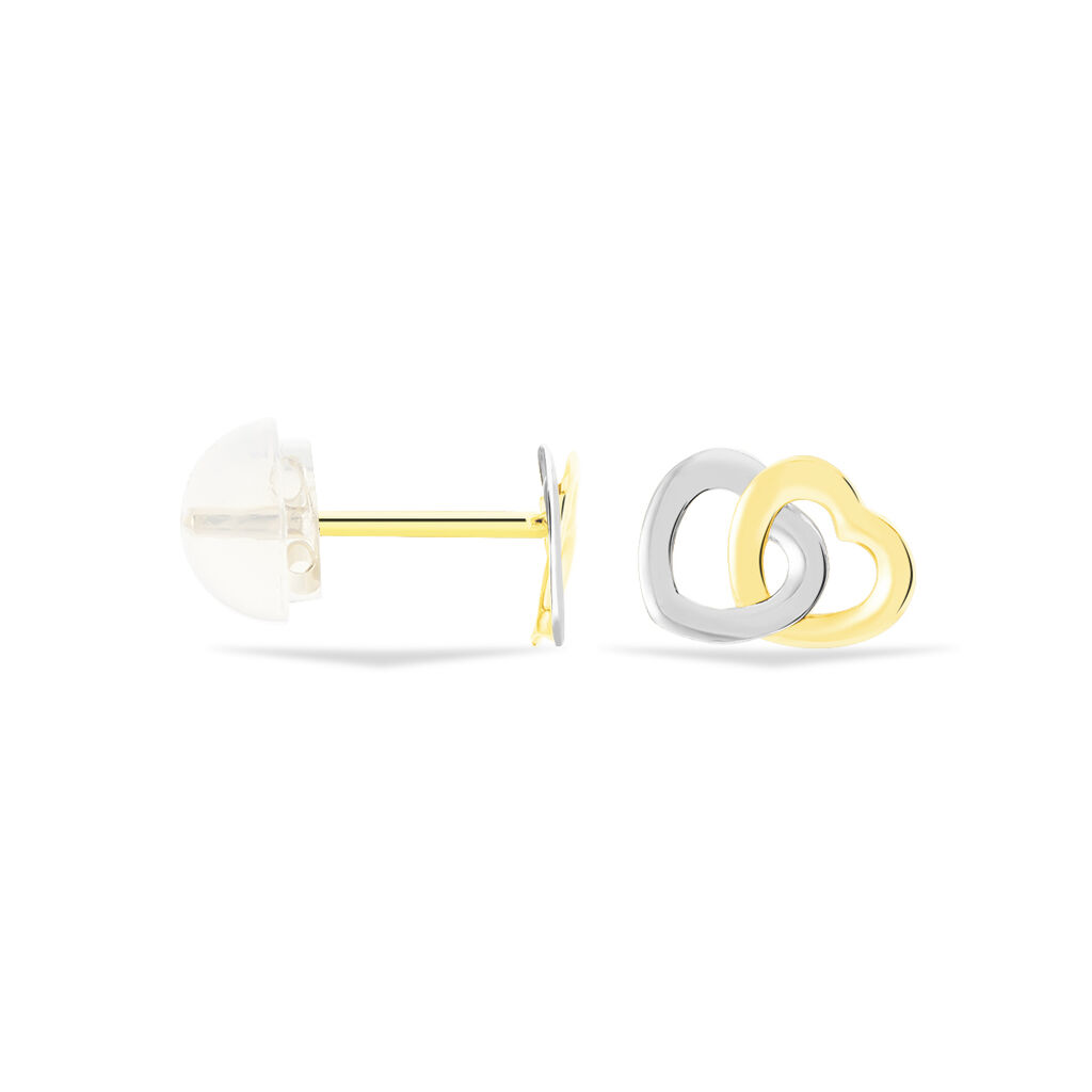 Boucles D'oreilles Puces Anne-maudae Double Coeurs Or Bicolore