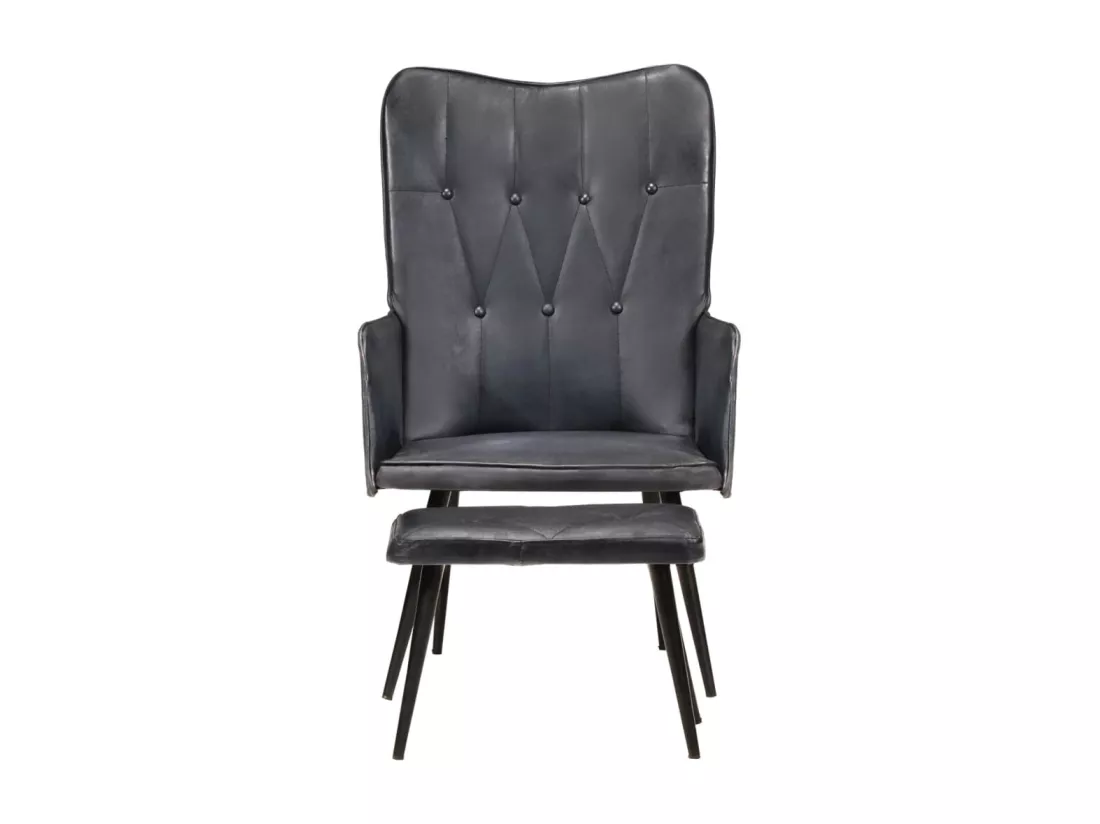 Chaise à oreilles avec repose-pied Gris Cuir véritable