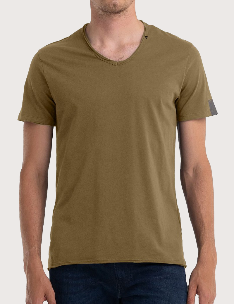 REPLAY T-SHIRT COL V COTON KAKI MILITAIRE