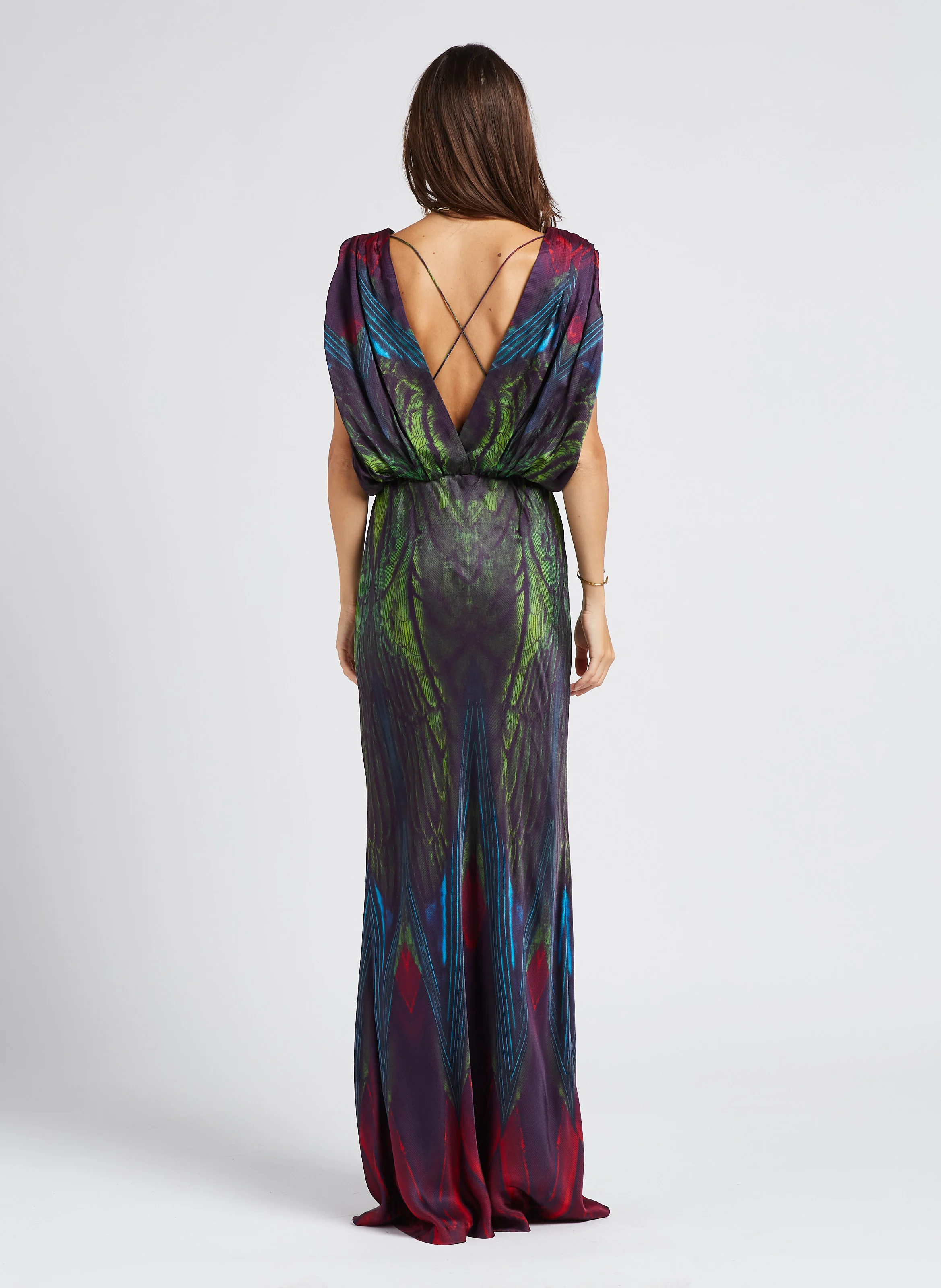 ILANE - Robe longue col V en satin imprimé | Multicolore