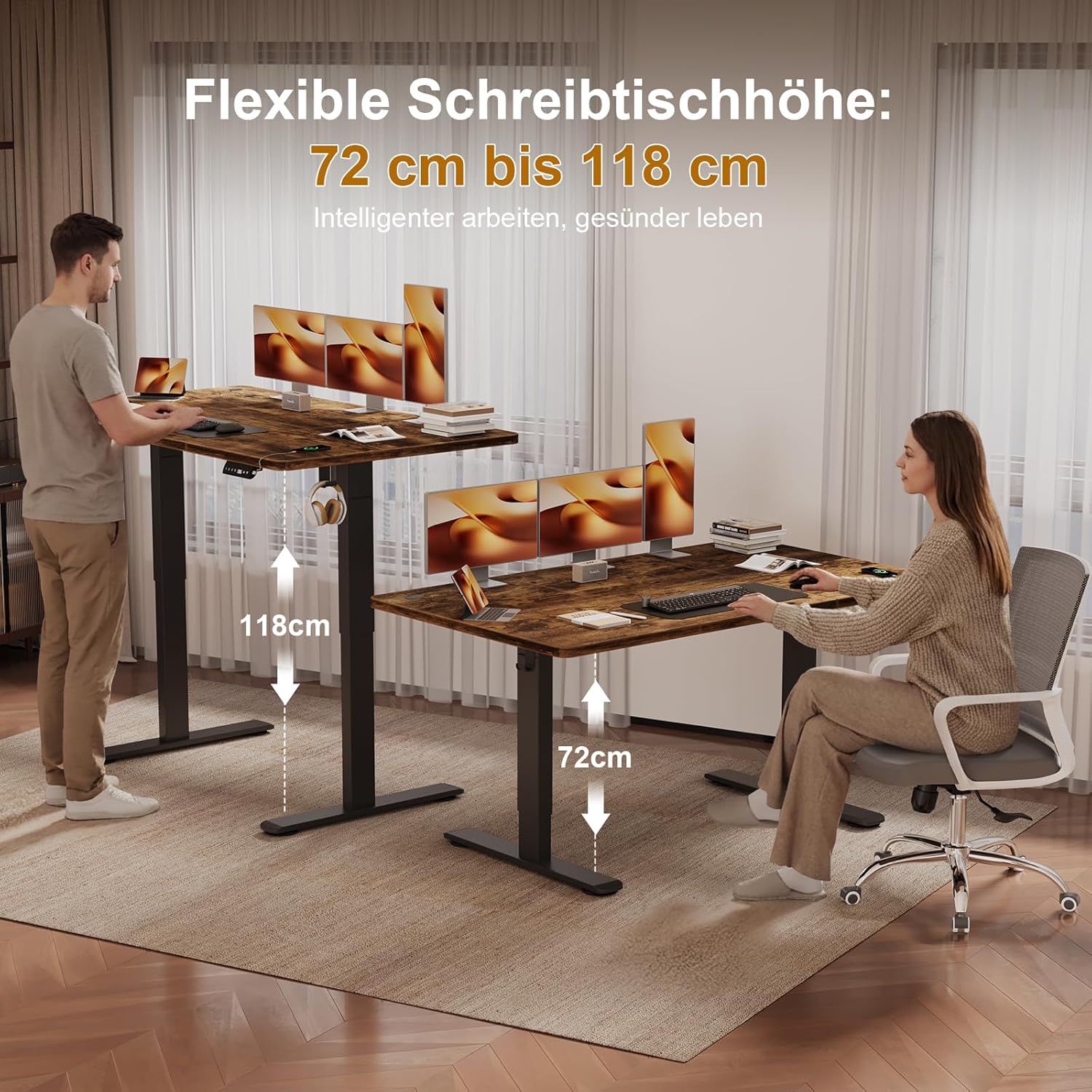 JUMMICO Höhenverstellbarer Schreibtisch 180 x 80 cm mit Kabelwanne, Höhenverstellbar Elektrisch Stehpult mit USB-Buchse, Computertisch, Ergonomischer Steh-Sitz Tisch, Bürotisch, Vintage-Braun