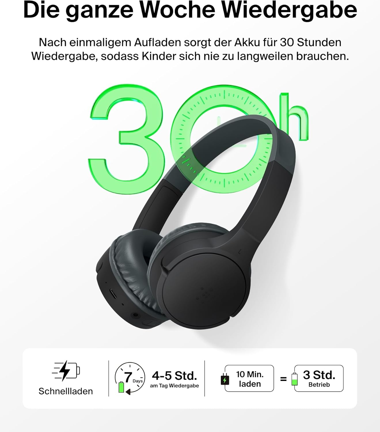 SoundForm Mini Bluetooth On-Ear Kinder Kopfhörer mit Mikrofon   85dB Lautstärke-Begrenzung (AUD002BTBKV3) - Schwarz