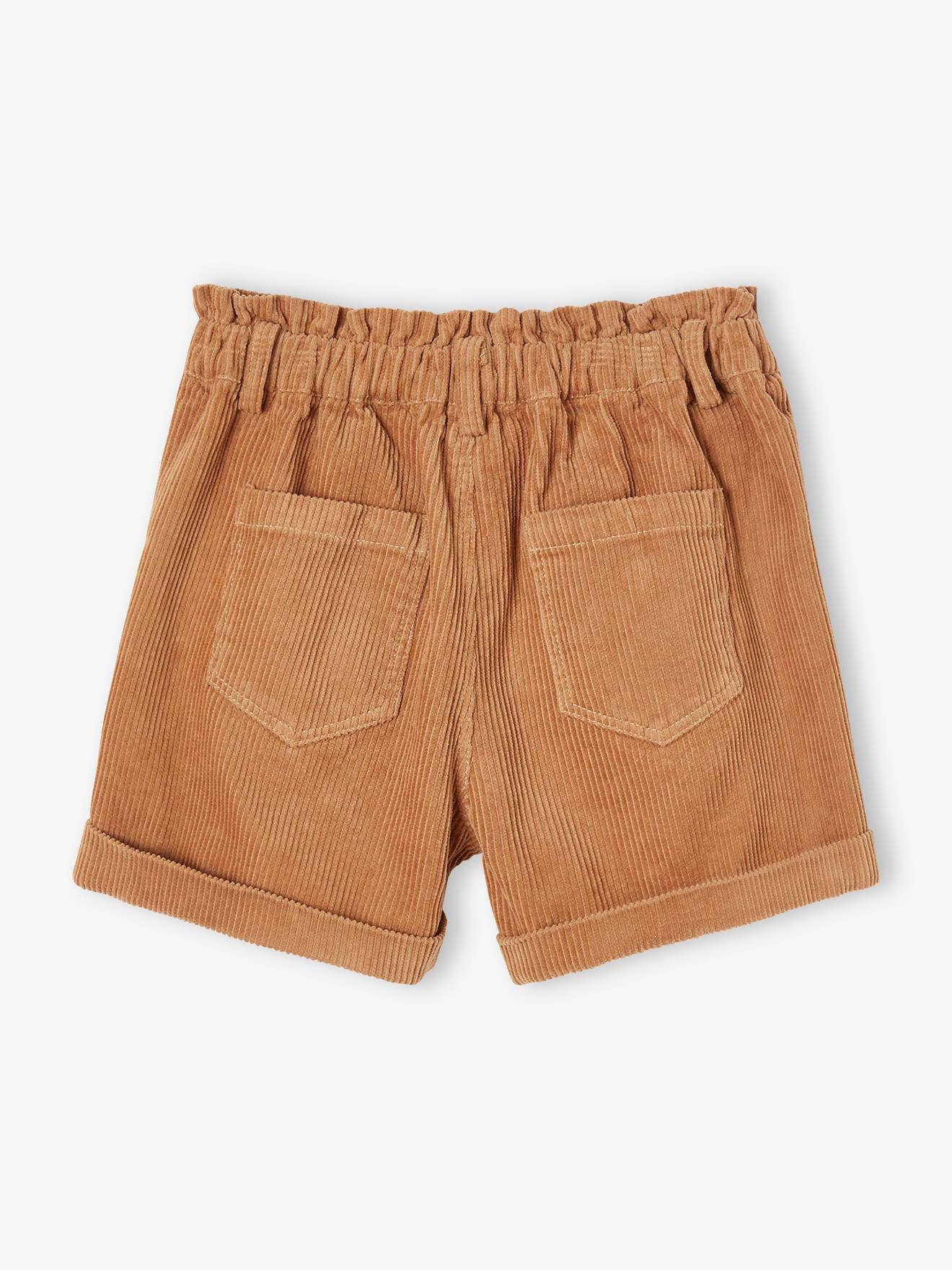 Calça curta de veludo cotelê, estilo paperbag, marrom médio, lisa.