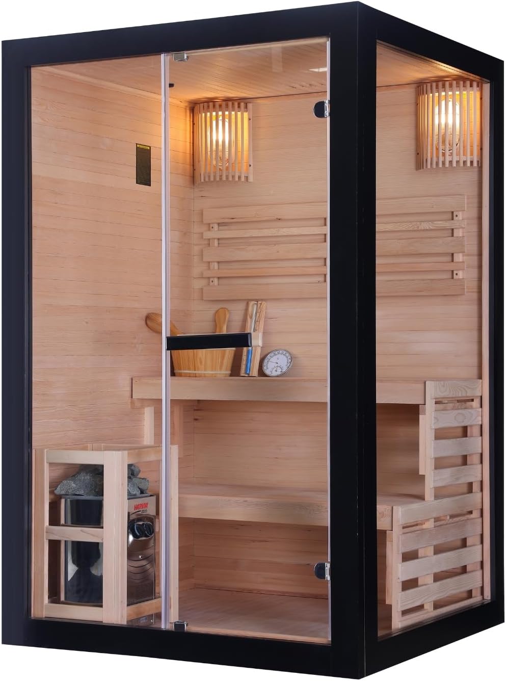 SANOTECHNIK Infrarotkabine PANORAMA BLACK – Infrarotsauna 2 Personen 130×120×200cm, Harvia 3,5kW Ofen, LED-Farblicht, ESG-Glas – Art.Nr.: J61130