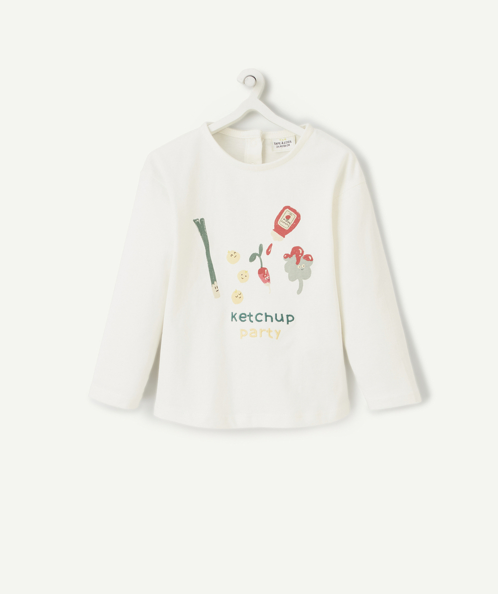 T-SHIRT BÉBÉ FILLE EN COTON BIOLOGIQUE ÉCRU THÈME KETCHUP PARTY