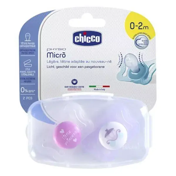 Chicco Physio Micro Sucette Silicone +0m Couronne Carrosse Lot de 2