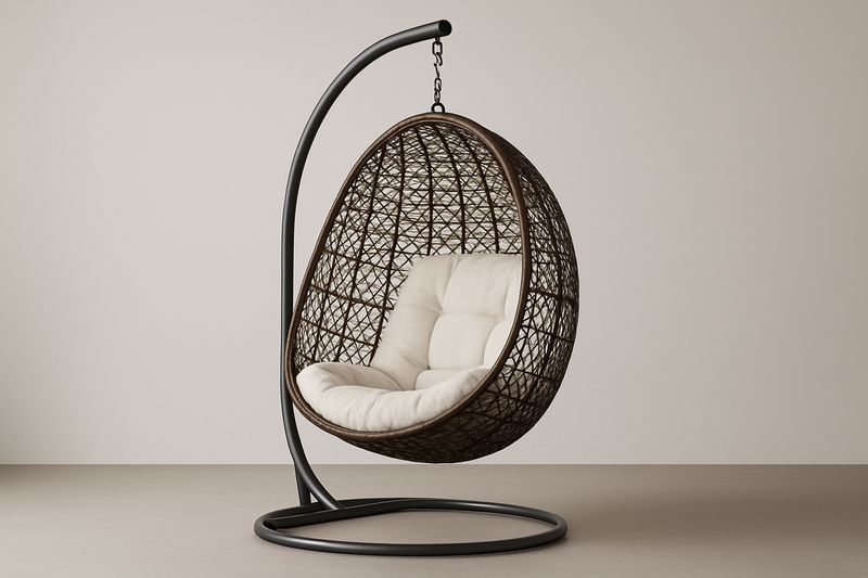 Garten-Hängesessel in Ei-Form aus PE-Rattan mit Stahlrahmen und beigen