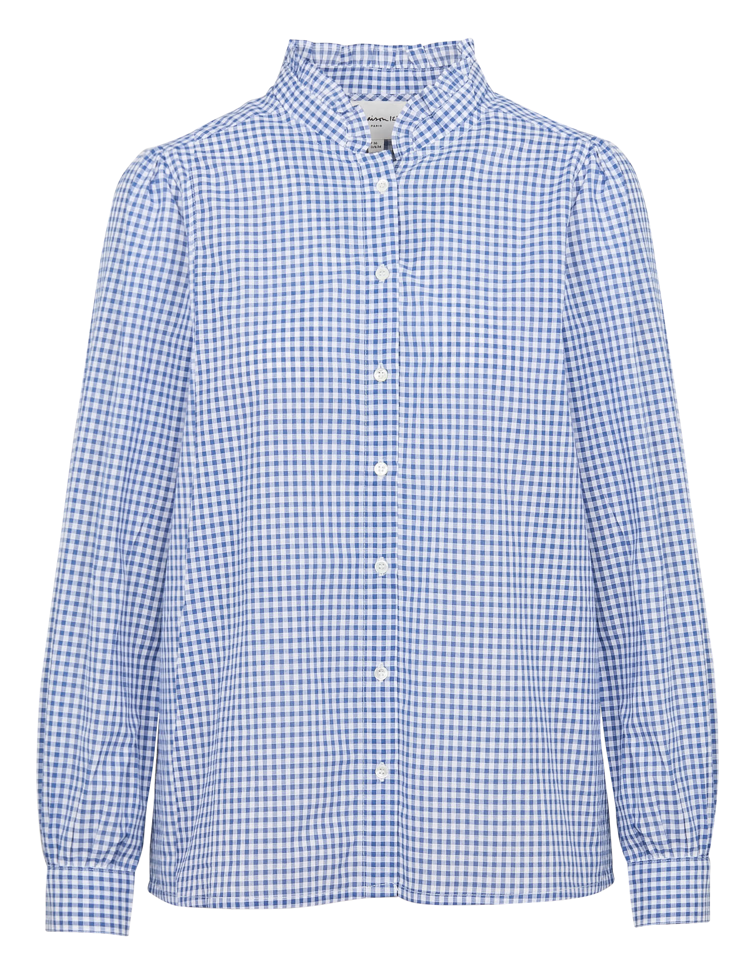 BENEDICTE - Chemise col montant à volants en coton | Bleu