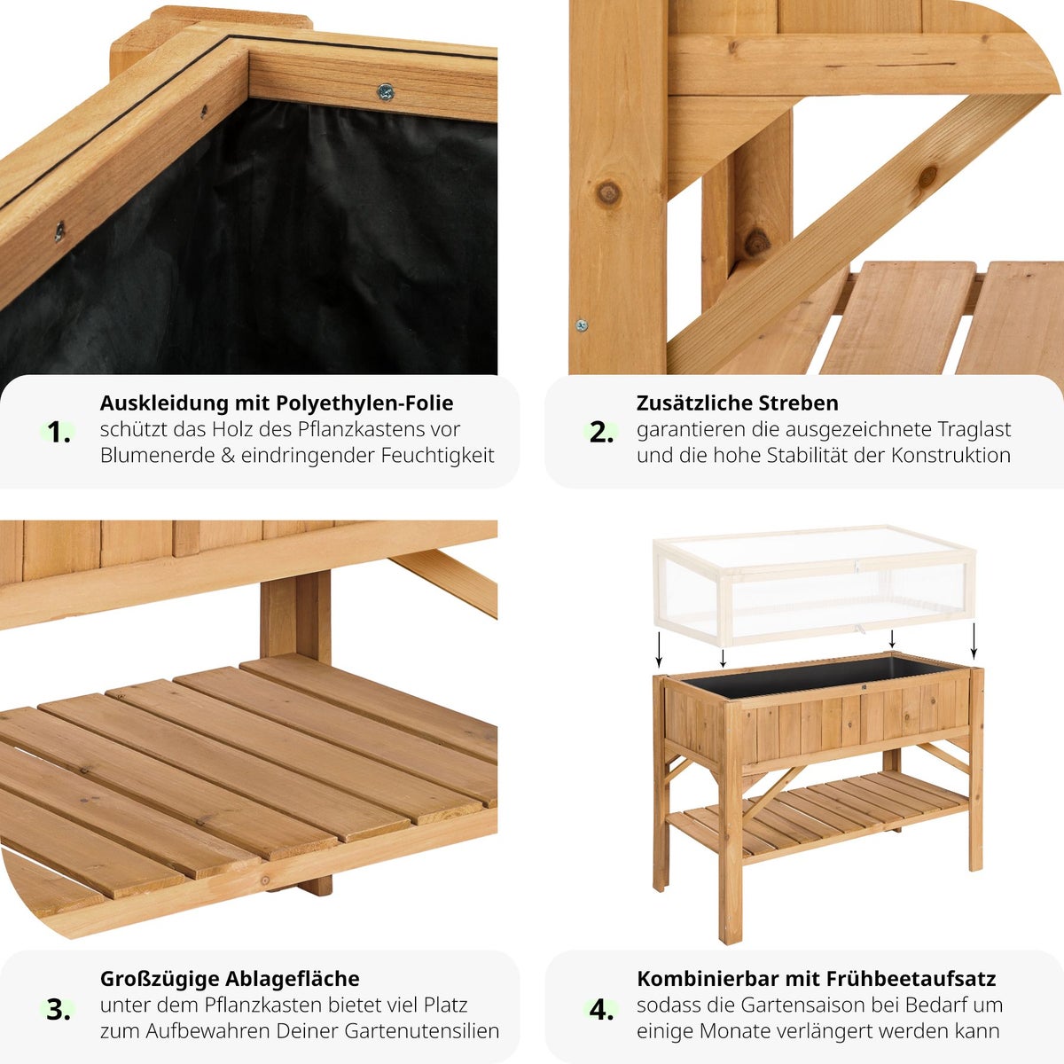 tectake houten verhoogde tuinbak met plank, 119 x 53 x 90 cm
