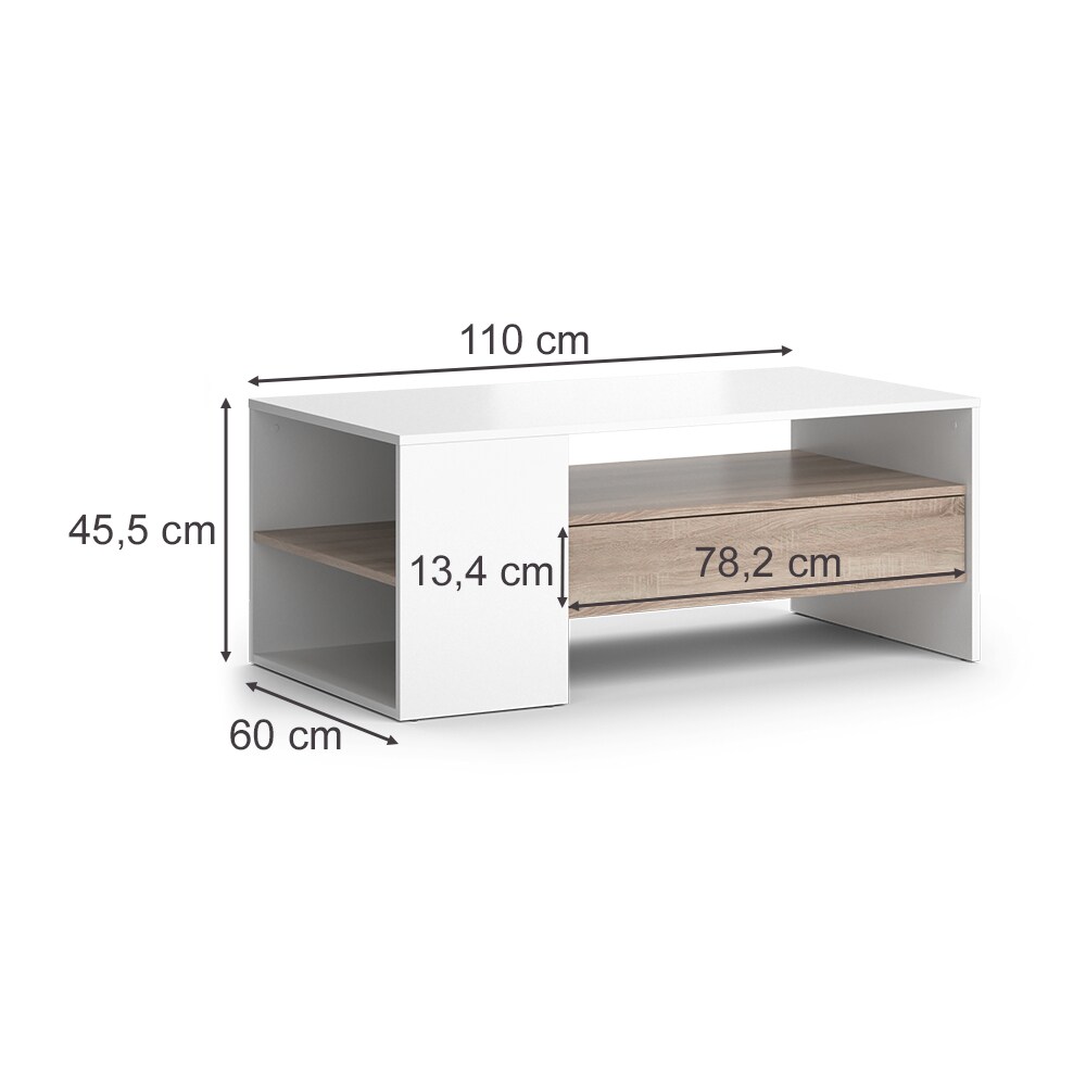 Vicco Couchtisch Sofatisch Kaffeetisch Fabien Weiß Sonoma Wohnzimmer Tisch 110x45 cm modern Ablage Fach Schublade Beistelltisch Stubentisch