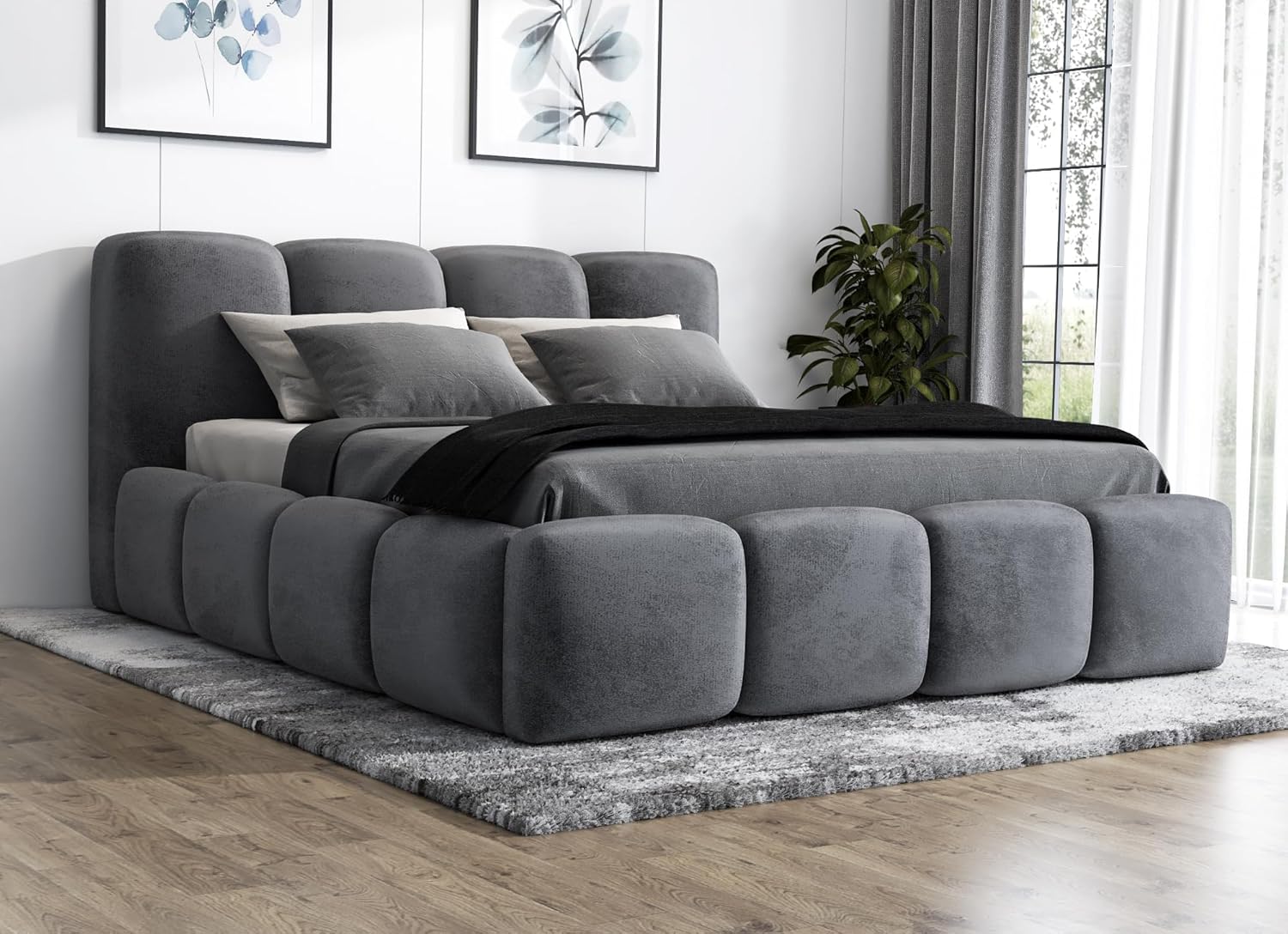 A&J MöbelLand Polsterbett 140x200 mit Bettkasten und Lattenrost – DONA-OM, Bett with Stauraum in Dunkelgrau ohne Matratze