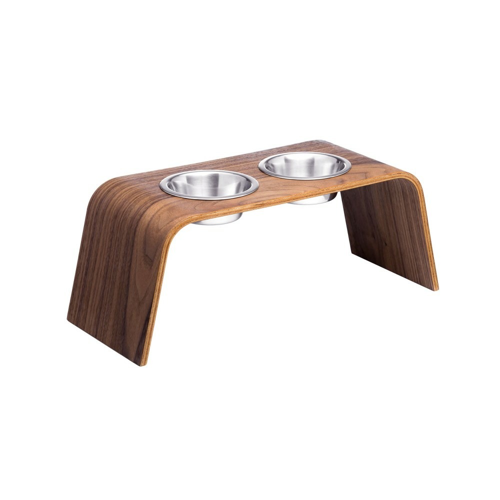 Gero - set de 2 gamelles surélevées en acier, socle bois noyer, 56x20x20cm