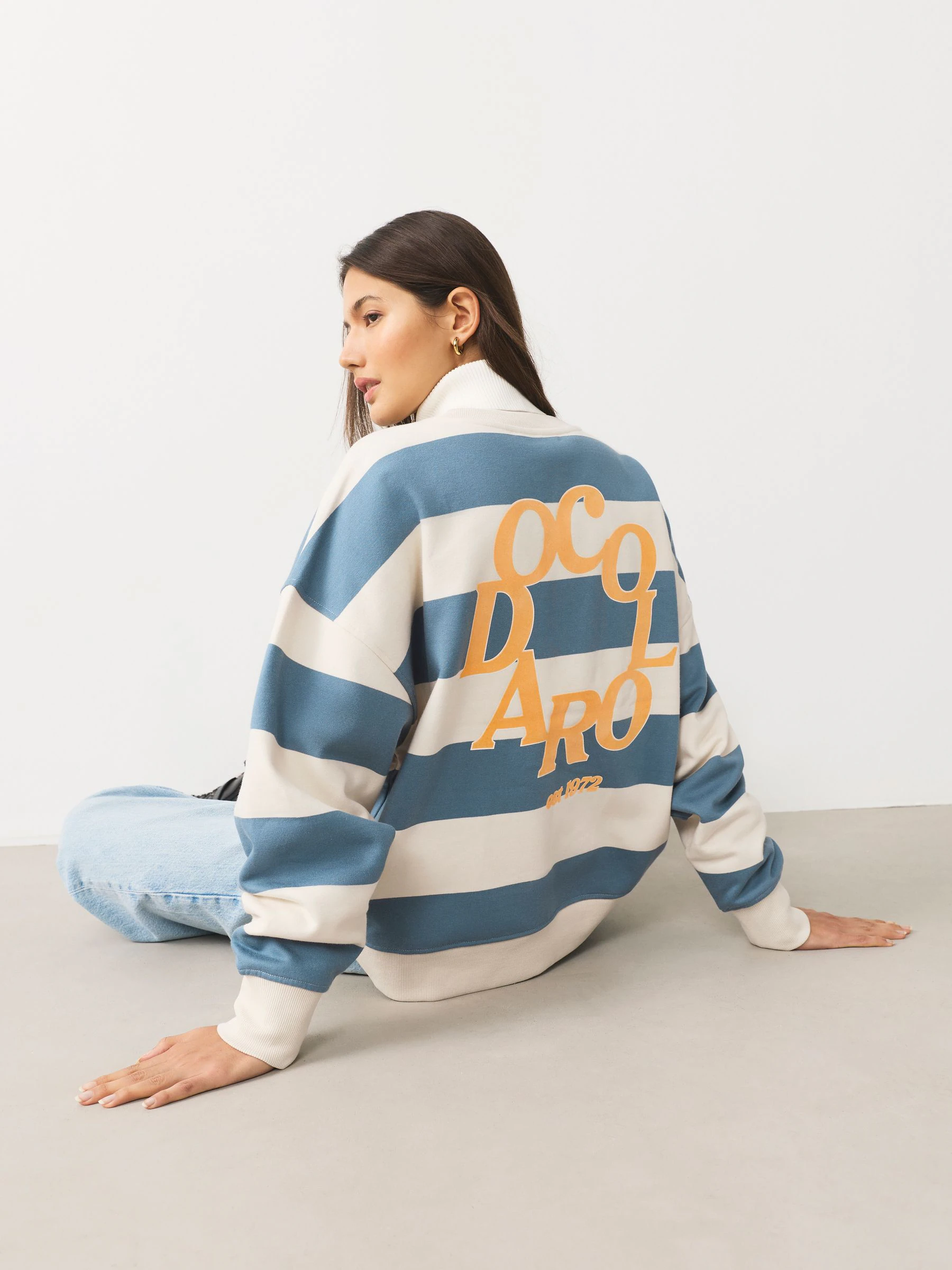 Blauw/ecru - Striped Graphic 'Colarado' City Longsleeve Crewneck Sweatshirt