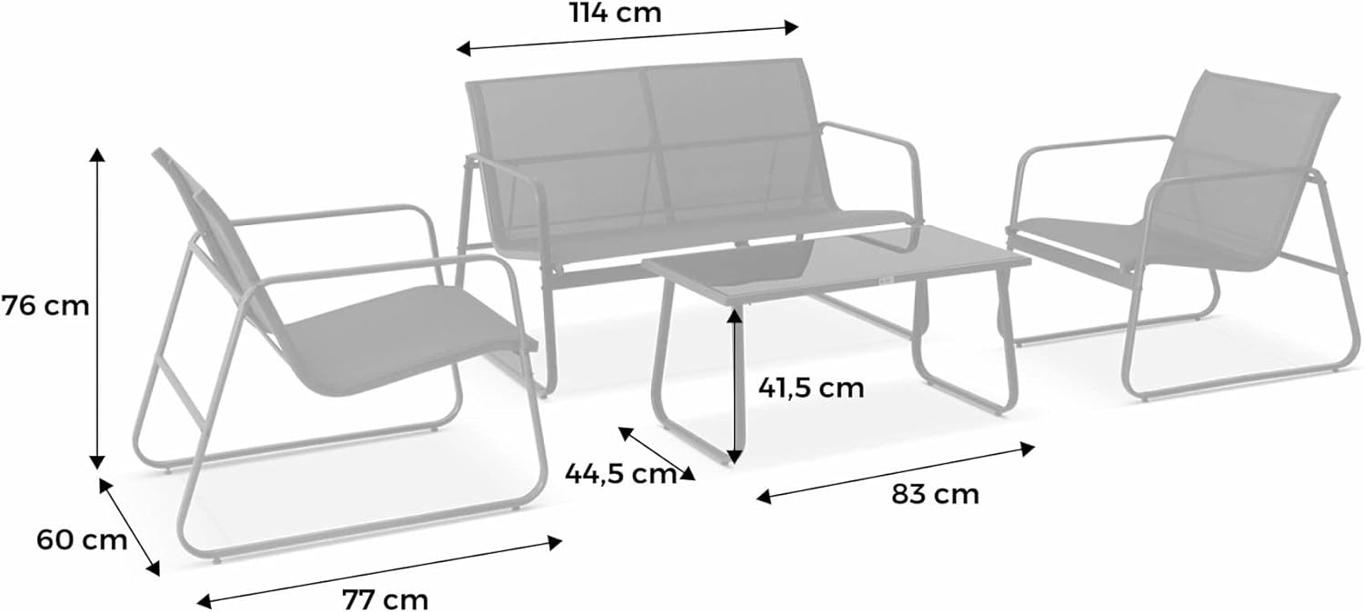 Alice's Garden Gartenmöbel-Set aus Metall und Textilene Silvi für 4 Personen, schwarz, Modernes Design