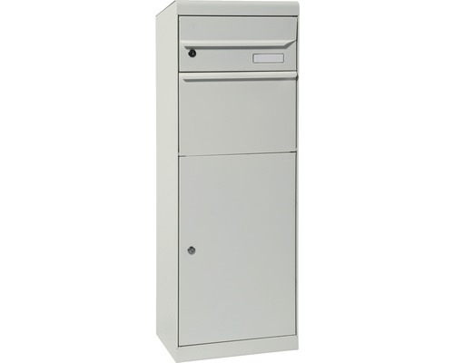 MEFA pakketbrievenbus, gepoedercoat staal, BxHxD 402/1091/310 mm, Esdoorn 661 wit aluminium RAL 9006 semi-mat, toegang aan de voorzijde, 2 compartimenten met naamplaatje