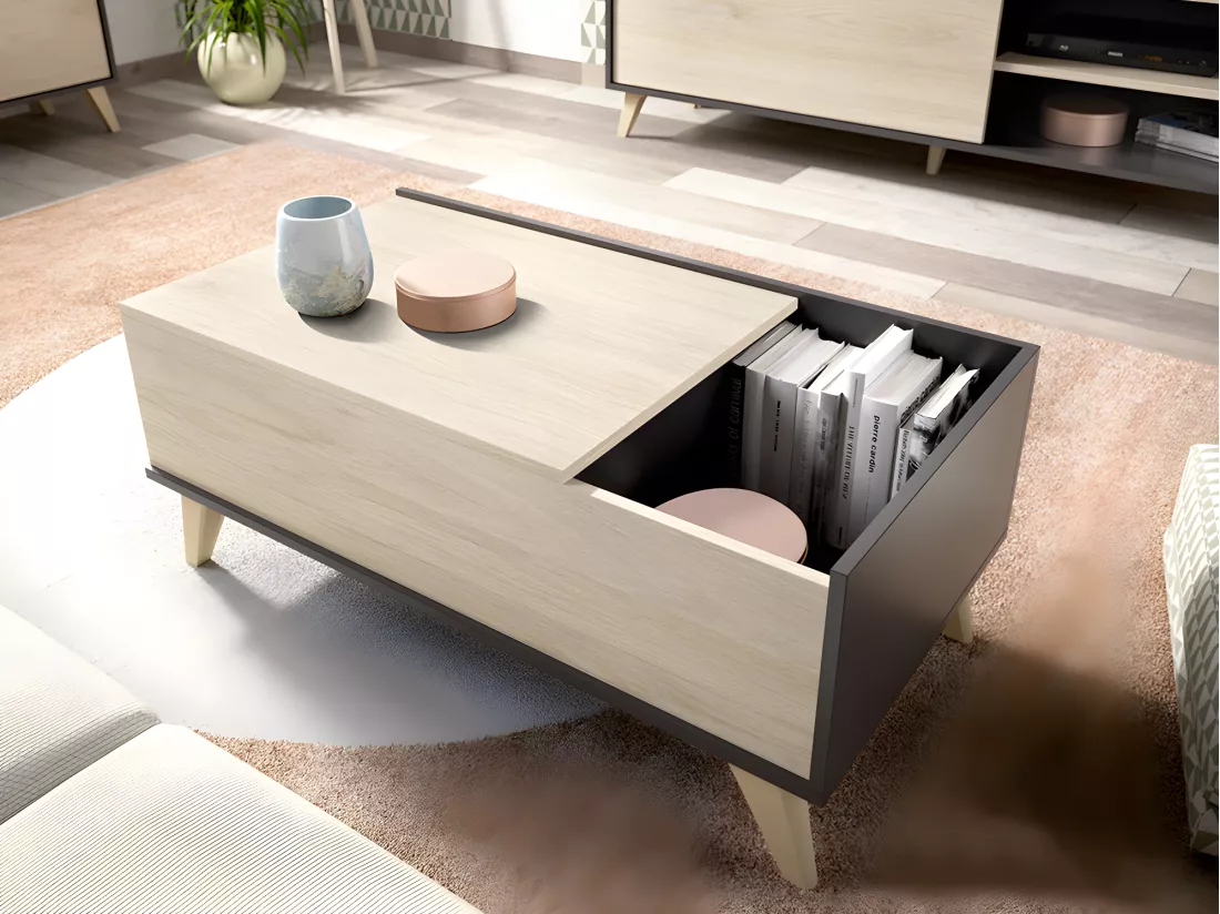 Ensemble Table basse + Meuble TV - Anthracite et chêne - Séjour scandinave KOLYMA