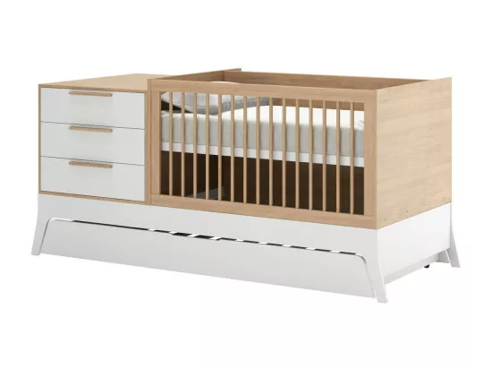 Lit bébé combiné et évolutif 70x140 cm panneaux de fibres blanc et bois CHARLIE