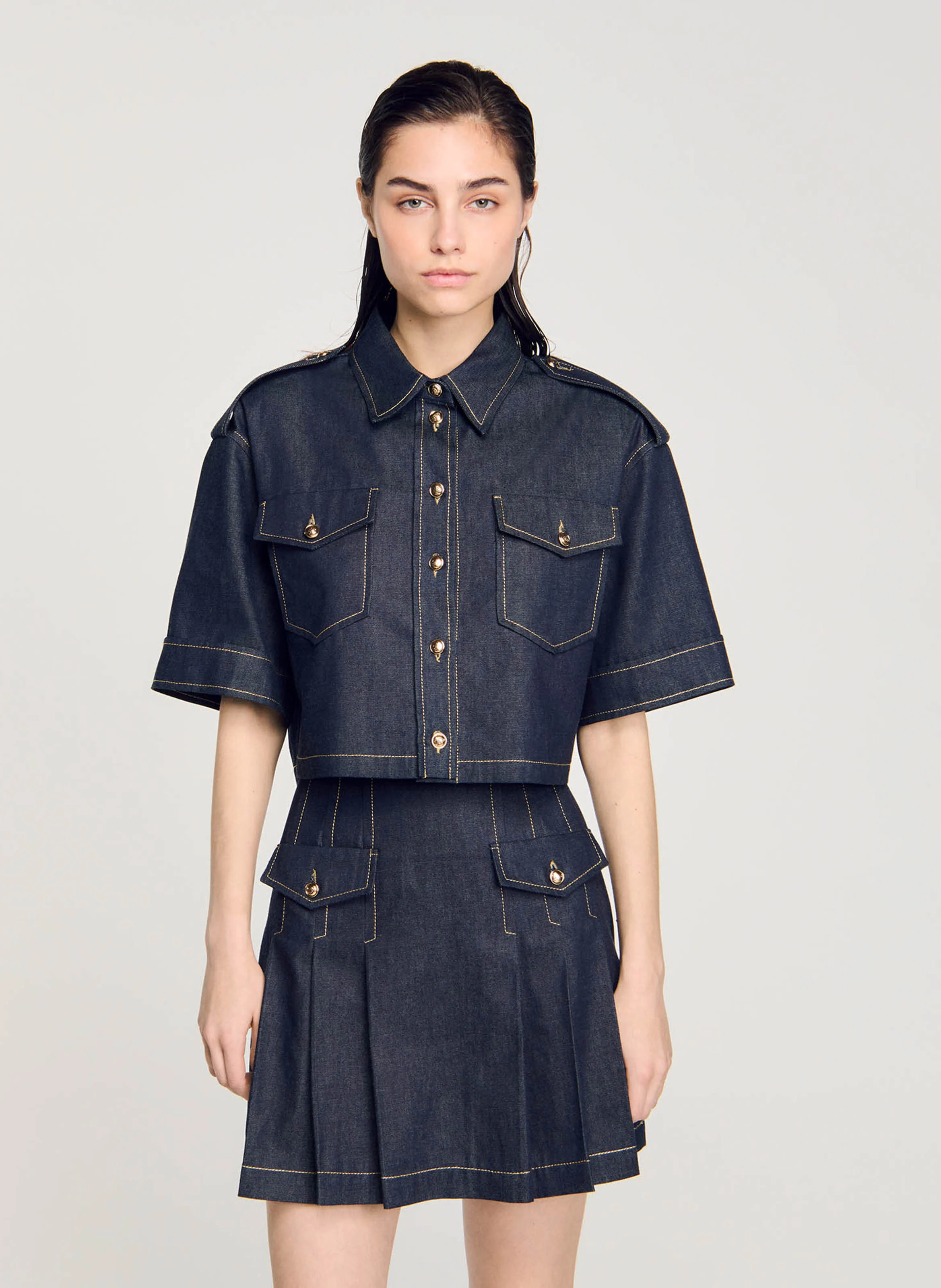 Chemise courte en denim | Bleu