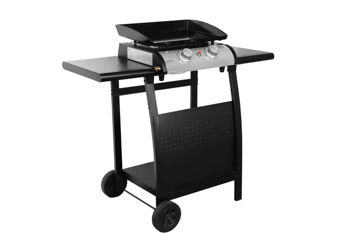 Plancha au gaz 2 brûleurs sur chariot - Porthos - 5kW. plancha à gaz avec desserte . cuisine extérieure. plaque émaillée. inox. barbecue