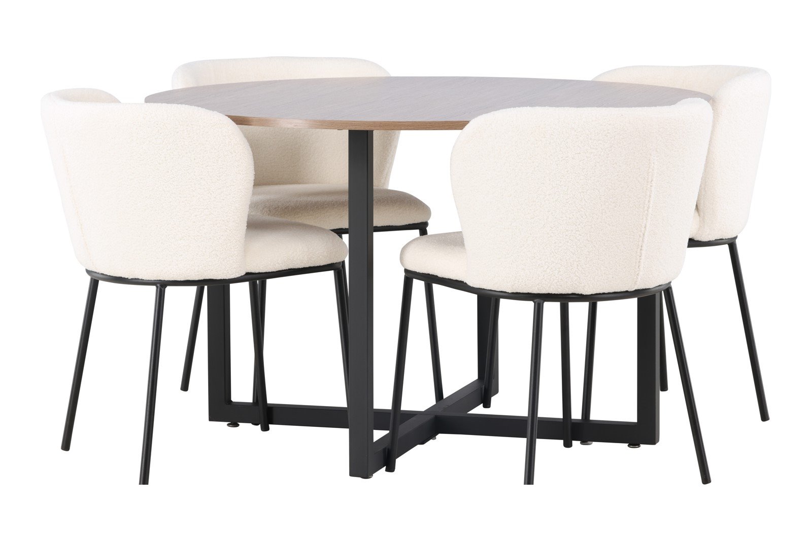 Durango og Edina Spisegruppe Durango rundt spisebord Ø120cm i valnøtt og sorte ben med 4 stk. Edina spisestoler i White bouclé og sorte ben.