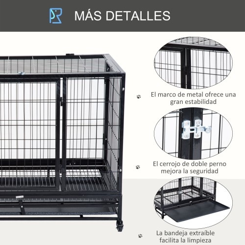 Gaiola para cães Pawhut em metal preto com rodas.