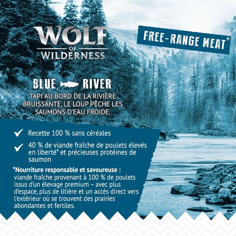 Wolf of Wilderness Adult Blue River poulet élevé en liberté, saumon