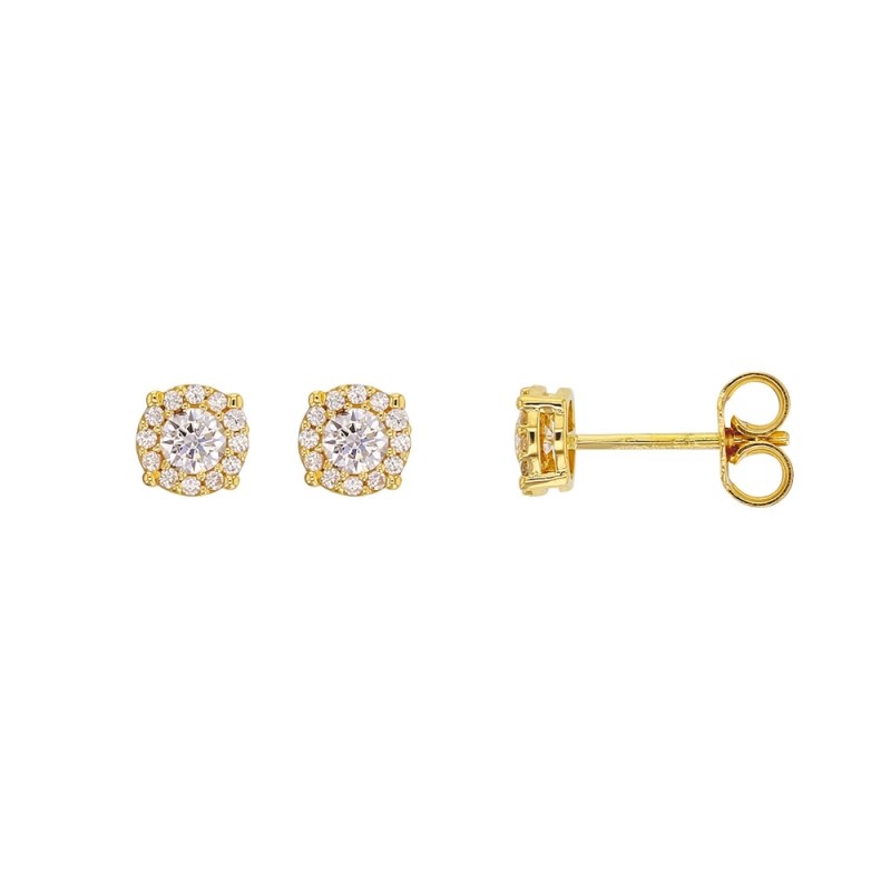 Boucles d'Oreilles Or Jaune - Solitaire Accompagné Pavé de Zirconiums - Femme