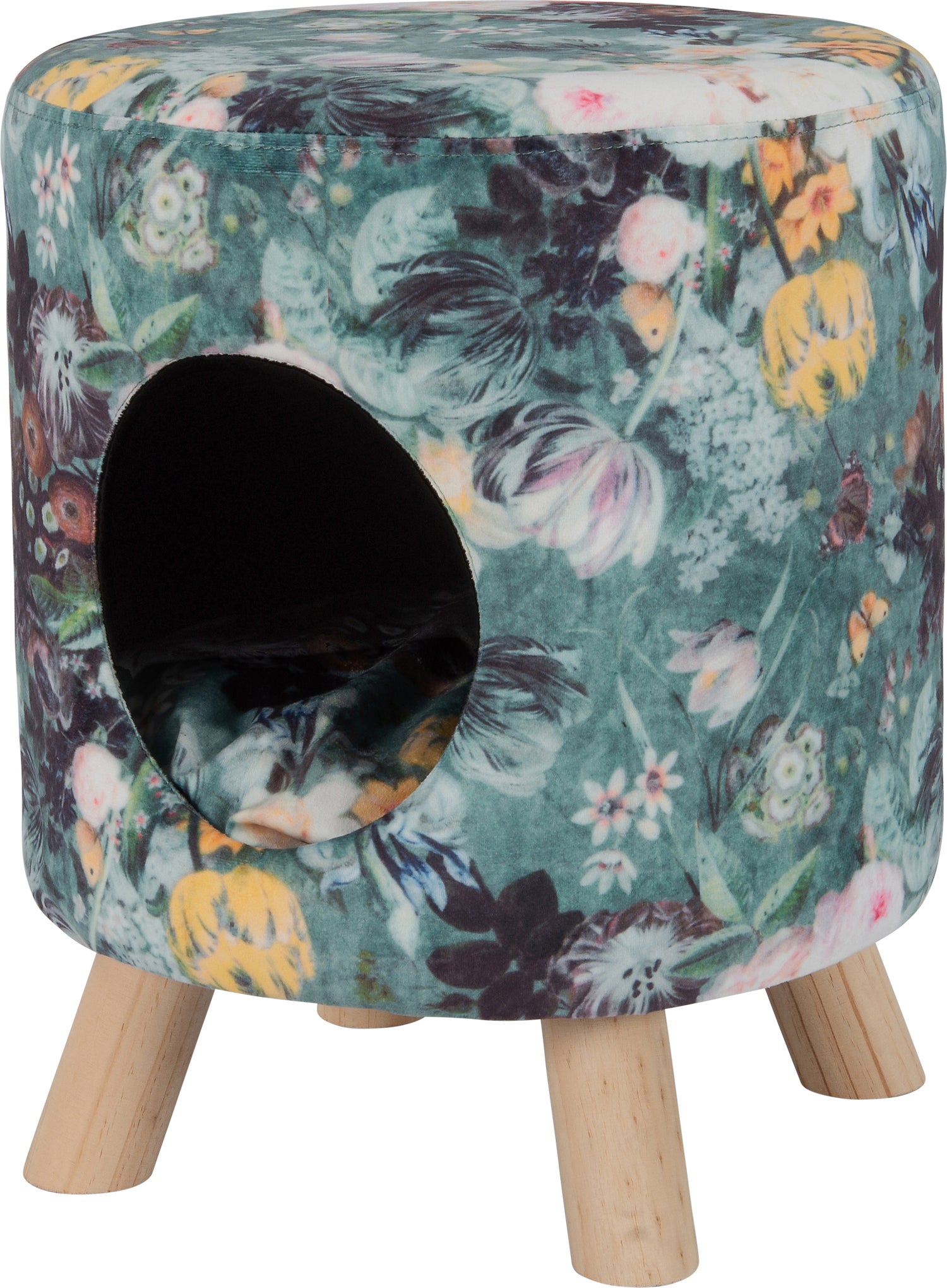 Intratuin poef met kattenmand bloemenprint D 35 H 42 cm