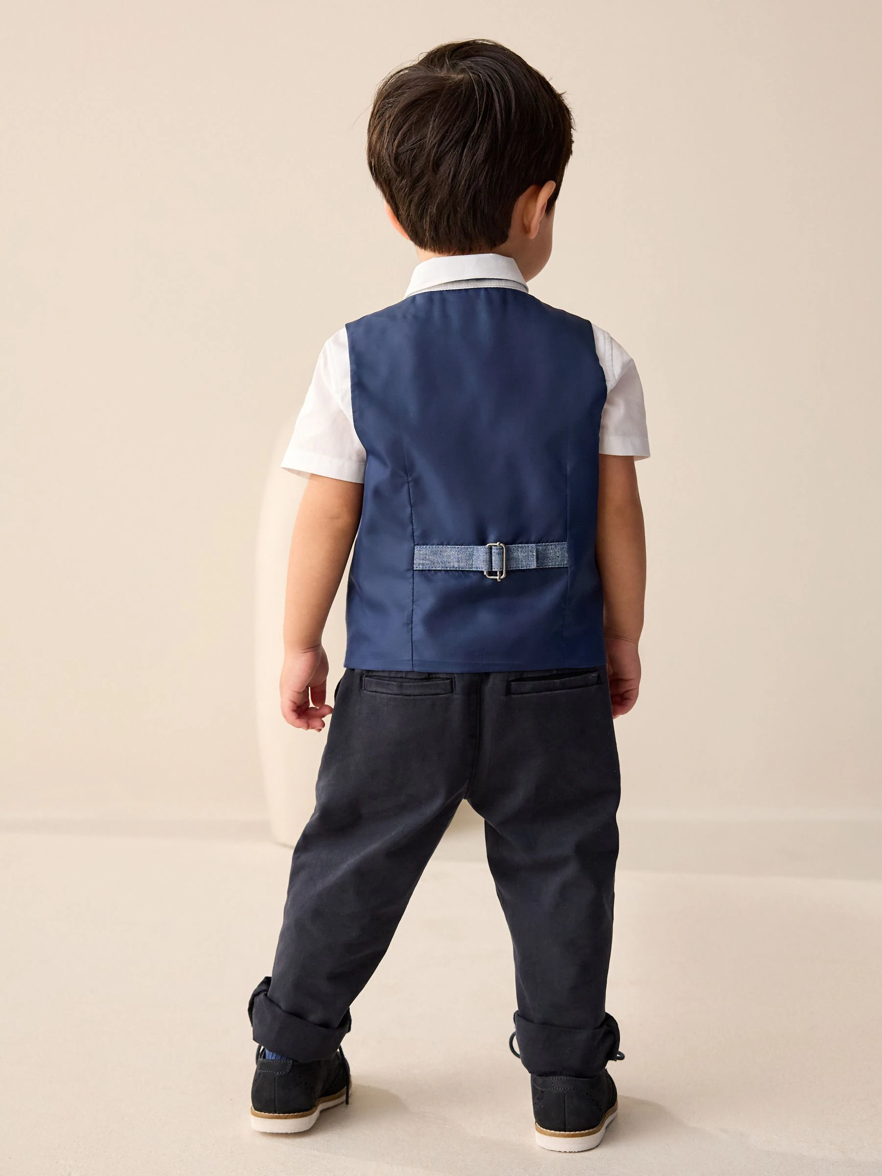 Marineblauw - Set van gilet van katoen/linnenmix, overhemd en vlinderstrik (3 mnd - 9 jr)