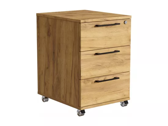 Conteneur de bureau mobile en chêne doré avec tiroirs sur roulettes.