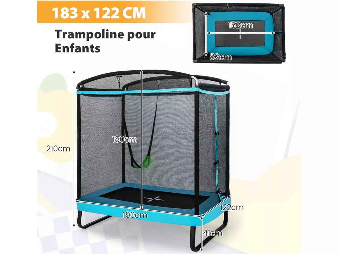 2 en 1 Trampoline Extérieur Enfants Rectangulair (190x122cm) avec Balançoire Amovible, Trampoline de Jardin avec Filet de Sécurité, Charge Max 100kg pour Garçon et Fille de 3 Ans+ (Bleu)