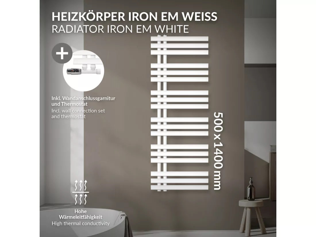 Radiateur Design Iron EM 500x1400 mm Blanc Raccord Central au Bas avec Garniture