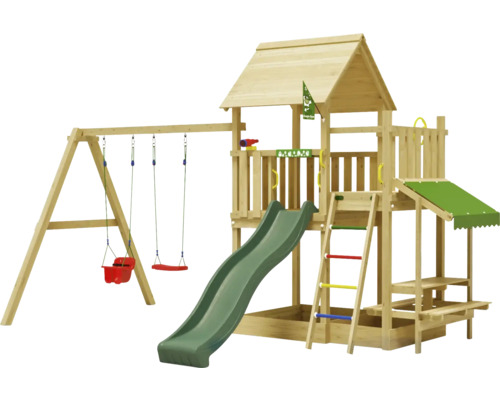 Dubbele schommel speelhuis met palen Jungle Gym 476 x 306 cm hout donkergroen