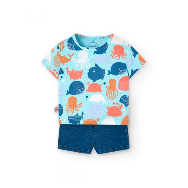 Boboli Conjunto De Manga Curta Knit 6 Meses Big Sea Print Pool