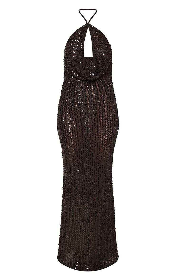Noir Robe Longue À Encolure Drapée Ornée De Sequins