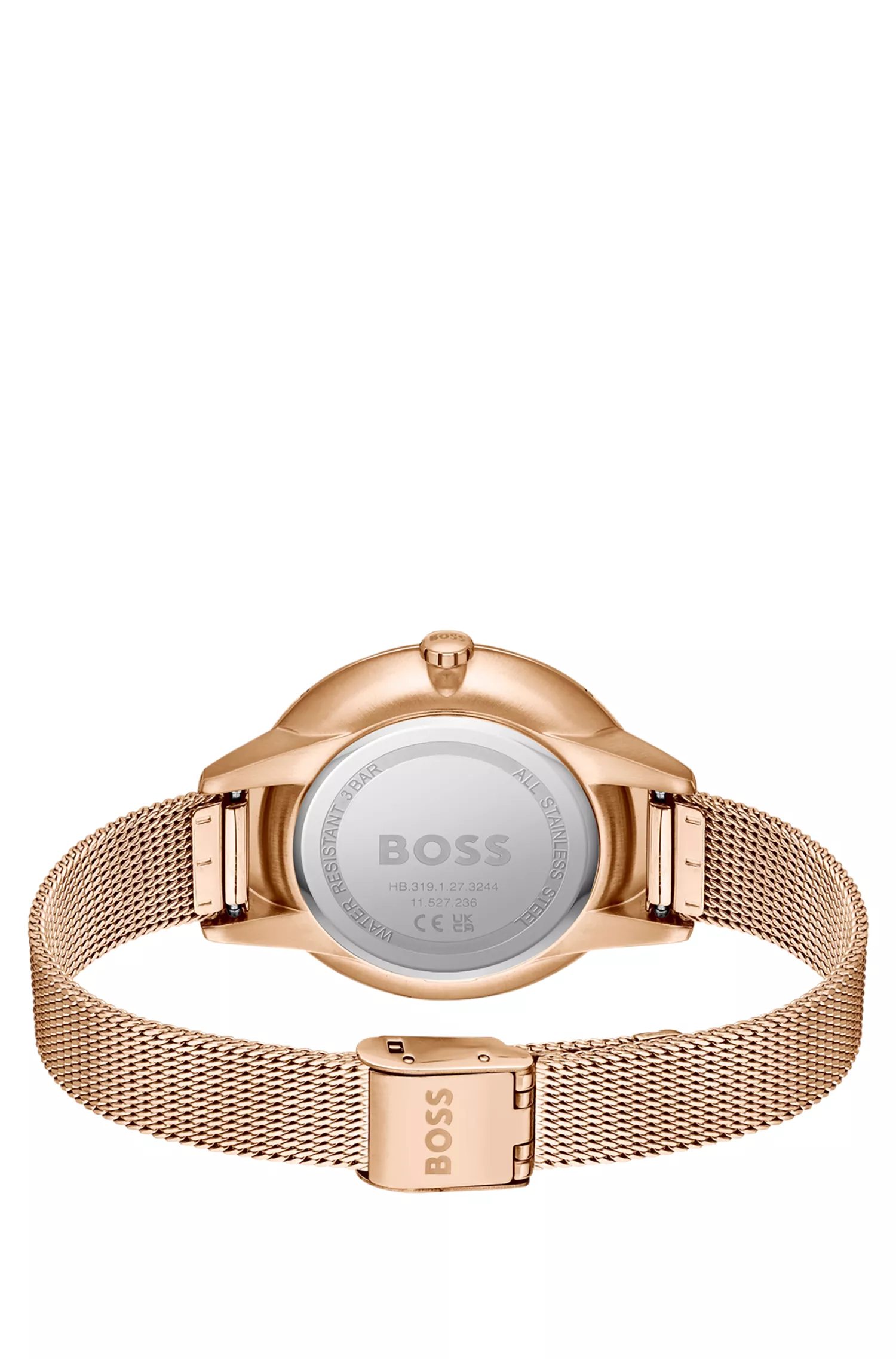 Relógio BOSS com efeito preto e dourado e bisel cravejado de cristais.