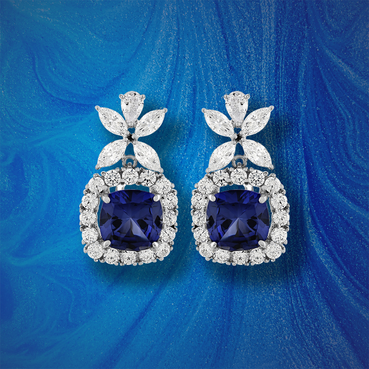 Boucles d'oreilles pendants argent 925 pierres synthétiques bleues zirconias