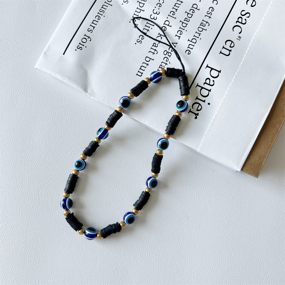 (21cm) Universal Handy Kette Phone Charms Schmuck Anhänger Handgelenkschlaufe mit Nazar Auge - Schwarze Steine